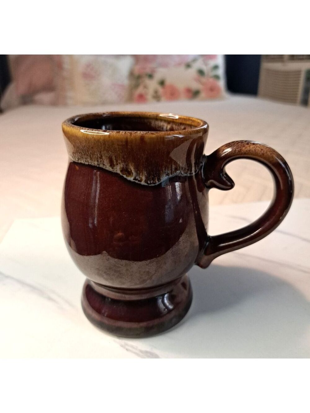 Vintage Mid-Century Brown Drip Glaze Ceramic Footed Pedestal Coffee Mug 4.5"